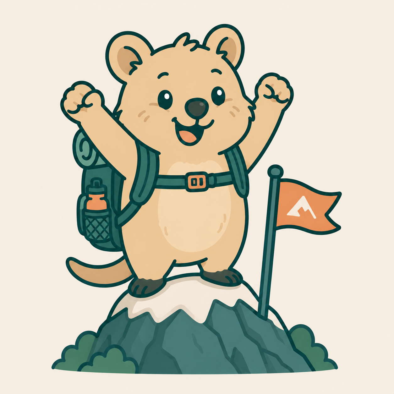 Gear the Quokka standing on a mountain summit